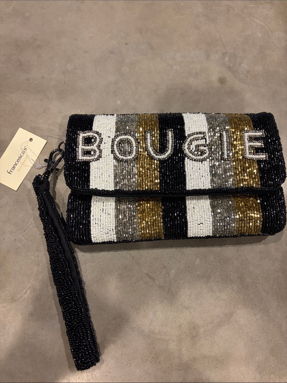 Francesca's Collections Beaded 'Bougie' Black White & Gold Stripe Wristlet